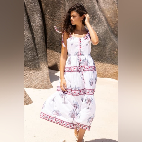 $298 XS NWT OLIPHANT RED KIAWAH TIE STRAP BUTTON MIDI DRESS Beach Spring